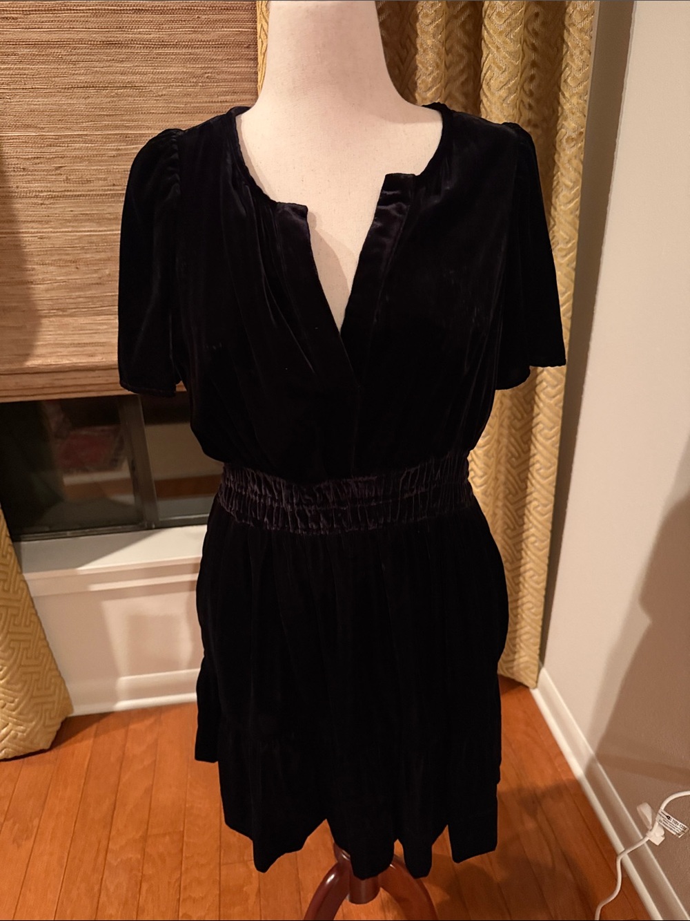 Maeve Black Velvet Short Dress with Smocked Waist